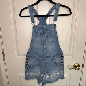 American Rag Blue Jeans Overall Cutoff Shorts Size 3 Junior Embroidery Floral
